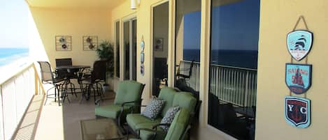 40 Foot Balcony with amazing Gulf Views from the beautiful conversational furn.