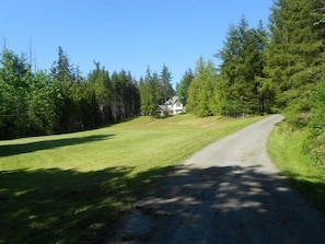 Grass area heading from play field up to house.