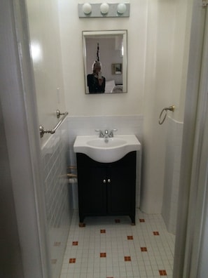 Bathroom with shower and toilet, we provide towels too