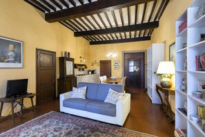 Living room, dining room and kitchen
