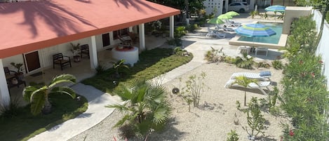 View of the courtyard garden and pool. BRISA is in the courtyard casita