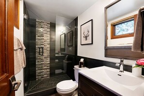 Mid-floor modern bathroom. Shower large enough for two.