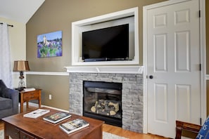 DIRECTV, blu ray player, bose soundbar and gas fireplace in living room