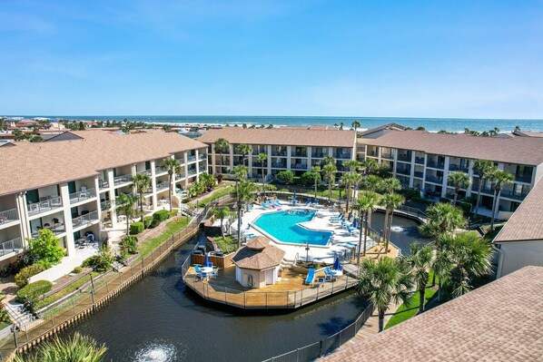 Heated pool surrounded by lagoon