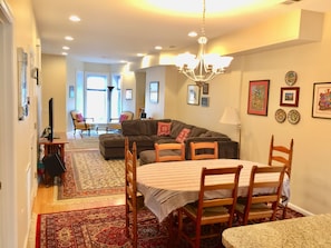 Dining room table comfortably fits 6 people.