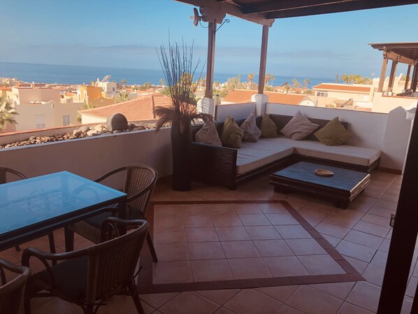 Terrace overlooking the Atlantic Ocean with la gomera in the distance 