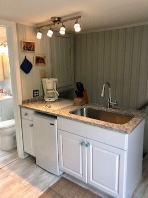 Granite counter top and fridge and large sink.  Double burner cooktop.  