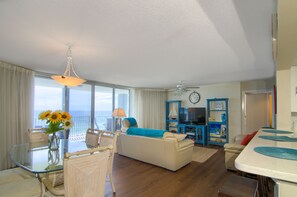 Roomy living and dining area with beautiful beach view