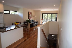Come up the stairs to Living, kitchen, Masterbed with Ensuite.
Balcony views 