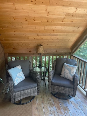 Swivel chairs perfect for reading on the screened-in porch