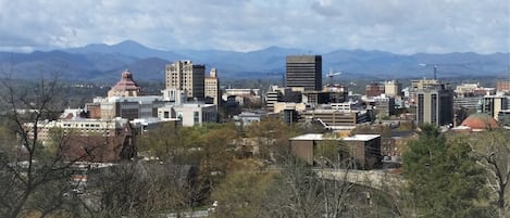 Lovey view of both downtown Asheville & the Blue Ridge Mountains from main deck