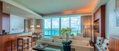 Living room with unobstructed views of the ocean, intra coastal  and channel.