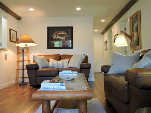 Leather Sofas, Local Reading Material & Decorated in a Native American theme.