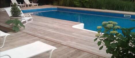 Outdoor pool area at night