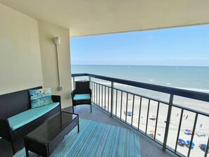 This is a direct oceanfront view. Walls are angled for privacy, which is nice!