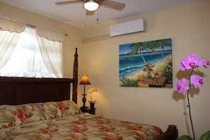 A Tommy Bahama Bed, flat screen TV & a top of the line wall A/C unit.