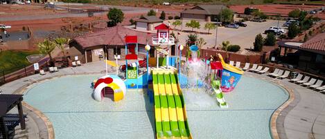 Aerial view of private water park with slides and lazy river