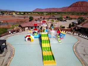 Aerial view of private water park with slides and lazy river