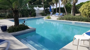 Private pool with sun loungers and umbrellas.