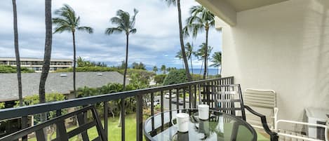 Nice ocean, garden and pool view from lanai of C405 at the Kihei Akahi Resort.