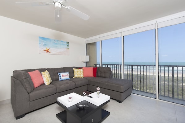 Living Room with an amazing ocean view, large LED TV