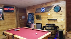 Pool Table, 2 Arcade games with 600+ games including Pinball, dart board, 2 TV's