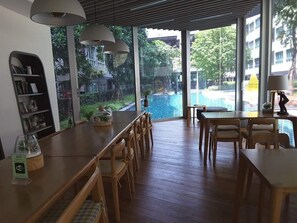 Library surrounded by beach pool