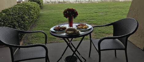 Watch for dolphins while having breakfast on the patio.