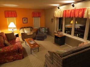 Our cozy living room with a sofa bed