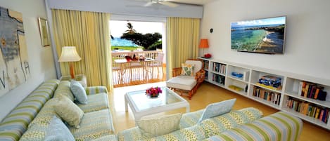 Relax on our large couch and look at the sea, or watch our 55 inch HDTV