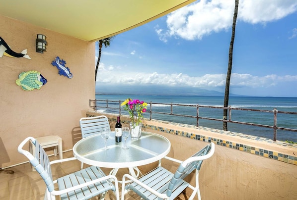 View from lanai of Pacific ocean, Mount Haleakala and Molokini Crater