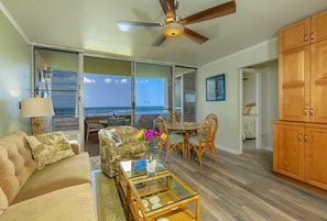 Living room and large entertainment center.
Comfortable furniture & ocean vie