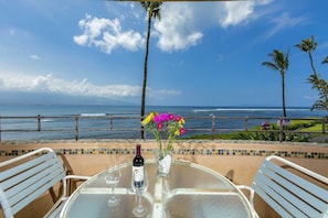 View from lanai of Pacific ocean, Mount Haleakala and Molokini Crater