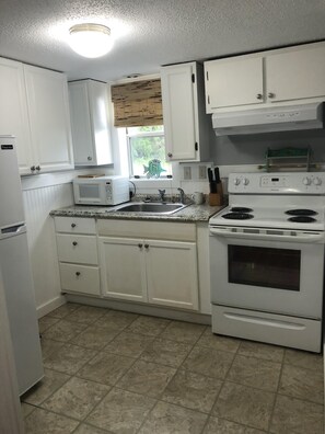 Full size kitchen with dishwasher, full refrigerator, stove and oven, microwave