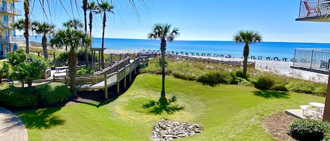 View from the balcony. Easy to watch dolphins playing along the shore.
