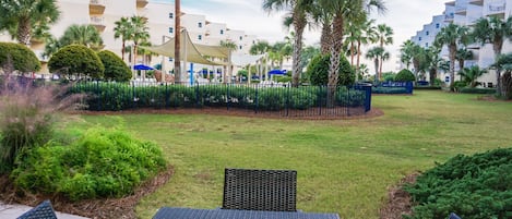 Looking out from the patio at the kids pool area.