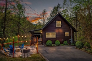 Front View of Cabin with Fire Pit