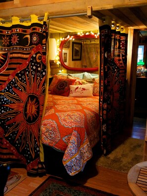 New addition of pull around curtains for extra privacy around queen bed