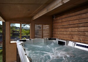 The large hot tub and swim spa for guests