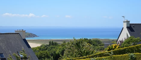 Vue de la terrasse sur la plage et l'île Aber 