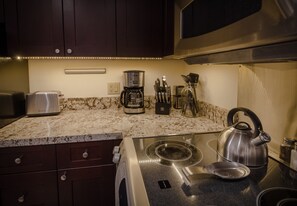 Kitchen counter and oven.