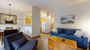 Living area with fireplace and TV