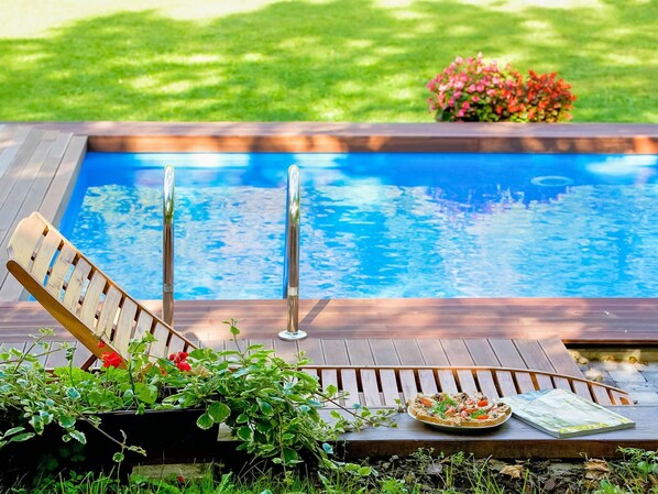 Table, Outdoor Furniture, Rectangle, Furniture, Backyard, Swimming Pool, Summer, Landscape, Yard, Wood