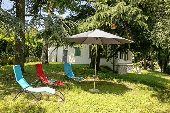The garden of the villa with sunbeds