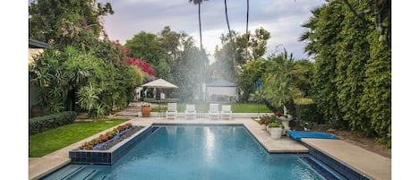  the 1/2  acre backyard captured through the haze of the pool's hidden fountain.