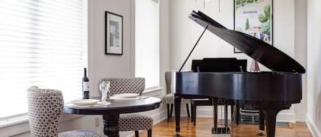 Seating area and Piano