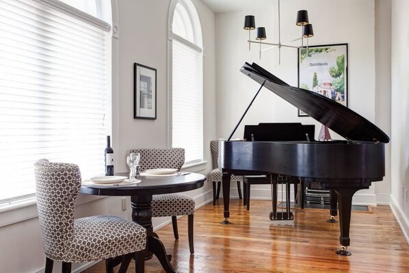 Seating area and Piano