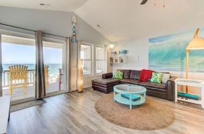 Living area off the top deck with ocean & beach view