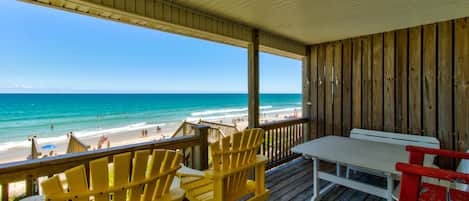 Ocean view off your private stairs to the beach.  2 covered decks