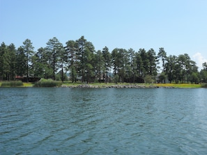 view of Ruby's shore line from the boat